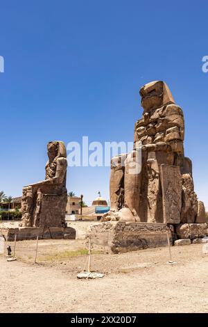 Colossi di Memnone, enormi statue in pietra di Amenofi III, Luxor, Egitto, Nord Africa, Africa Foto Stock