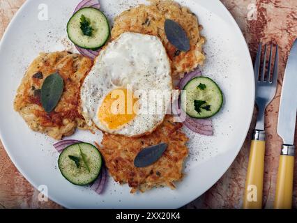 Rostette di patate con uovo fritto, cipolla rossa e cetriolo Foto Stock