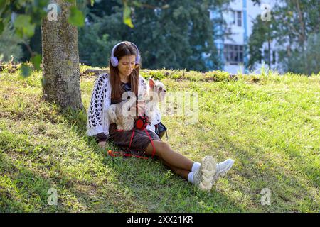 Ragazza in cuffia seduta con smartphone e cane su un prato nel parco cittadino d'estate Foto Stock