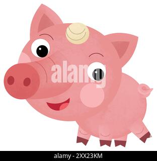 Cartoni animati scena felice con maiale maiale allevamento di animali da fattoria ranch è un'illustrazione sorridente per i bambini Foto Stock