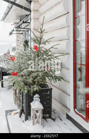 Primo piano delle decorazioni su un albero di Natale fuori casa in una giornata invernale innevata, la Bielorussia Foto Stock