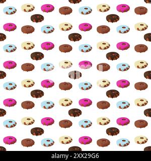 Ciambelle. Pasticceria rotonda e pasticceria decorata con pamada dolciaria. Delizioso dessert nazionale americano. Motivo senza cuciture. Illustrazione Vettoriale