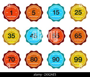 Collezione di modelli con logo per l'anniversario. Distintivi colorati per matrimoni in stile moderno e piatto. Set di etichette per l'anniversario di compleanno. Progetti vettoriali di stock. Illustrazione Vettoriale