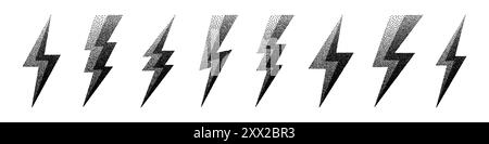 Collezione di icone Lightning bolt. Simbolo flash tratteggiato, thunderbolt. Semplice segno di fulmine. Ombreggiatura a punti, disegno. Illustrazione vettoriale Illustrazione Vettoriale