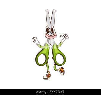 Personaggio delle forbici da scuola Cartoon Groovy. Cancelleria vettoriale isolata per ufficio, gesti educativi e gioie, trasuda vibrazioni retrò e divertenti con colori verdi vivaci ed espressione allegra Illustrazione Vettoriale