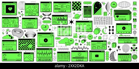 Adesivo rave per finestra retro Y2K. Browser vettoriale, vecchia pagina con giocose icone nostalgiche sullo schermo del desktop tossico verde. Stelle, gamepad, emoji sorrisi, elementi di menu surreali o giocatori in stile vintage funky Illustrazione Vettoriale
