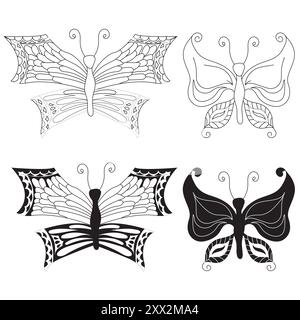 Semplici farfalle. Set piccolo in due stili: Doodle e silhouette. Illustrazione vettoriale isolata su sfondo bianco. Illustrazione Vettoriale