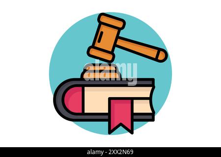 Icona contorno colore legge. prenota con il martelletto. icona relativa alla legge e alla giustizia. illustrazione vettoriale degli elementi di legge Illustrazione Vettoriale