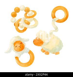 Set di giocattoli per neonati in legno e tessuto ad acquerello. Agnello addormentato, giocattolo da palestra per bambini, sonaglino e perline avvolgenti. Il concetto di giocattoli ecologici per i neonati Foto Stock