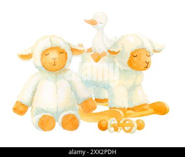 Composizione di agnello addormentato, anatroccolo o mastice, pecore a dondolo e sonaglino. Vivaio ecologico. Peluche ad acquerello disegnato a mano e giocattolo in legno isolato Foto Stock