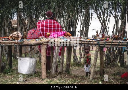 (240822) -- NAROK, 22 agosto 2024 (Xinhua) -- Un abitante Maasai vende souvenir nella riserva nazionale Masai Mara a Narok, Kenya, il 21 agosto 2024. I Maasai, una delle principali tribù del Kenya, sono principalmente sparsi nelle parti sud e sud-ovest che confinano con la Tanzania. La tribù vive ancora in modo nomade. Il loro insediamento copre le destinazioni turistiche famose in tutto il mondo della riserva nazionale Masai Mara e del Parco nazionale del Serengeti. Con lo sviluppo dell'industria turistica locale, i Maasai hanno aperto i loro villaggi per abbracciare i turisti, come modo per aumentare il loro reddito mentre mantengono Foto Stock