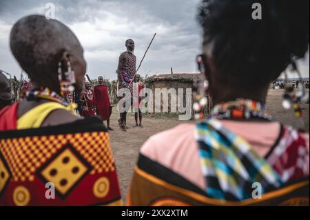 (240822) -- NAROK, 22 agosto 2024 (Xinhua) -- gli abitanti del villaggio Maasai eseguono la danza tradizionale in un villaggio nella riserva nazionale Masai Mara a Narok, Kenya, il 21 agosto 2024. I Maasai, una delle principali tribù del Kenya, sono principalmente sparsi nelle parti sud e sud-ovest che confinano con la Tanzania. La tribù vive ancora in modo nomade. Il loro insediamento copre le destinazioni turistiche famose in tutto il mondo della riserva nazionale Masai Mara e del Parco nazionale del Serengeti. Con lo sviluppo dell'industria turistica locale, i Maasai hanno aperto i loro villaggi per abbracciare i turisti, come modo per aumentare il Foto Stock