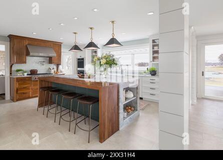 Cucina con adiacente quarzite e isola di noci Foto Stock