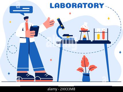 Un'illustrazione vettoriale di un laboratorio che conduce ricerche scientifiche, sperimentazioni e misurazioni su uno sfondo in stile cartone animato piatto Illustrazione Vettoriale