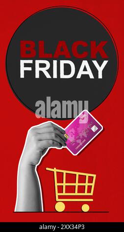Una mano che tiene una carta di credito davanti a un carrello con le parole Black Friday scritte sopra Foto Stock