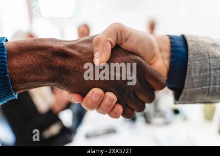 Primo piano di una stretta di mano ferma tra uomini d'affari africani e caucasici, simboleggiando l'uguaglianza razziale, la diversità sul posto di lavoro e il successo del business Foto Stock