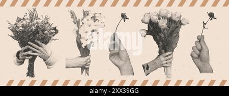 Set di mani umane con bouquet di fiori. Effetto stipple vintage mezzitoni. Elementi vettoriali con trama a grana Illustrazione Vettoriale