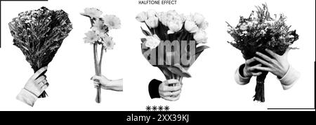 Set alla moda di mani umane con bouquet di fiori. Effetto vintage di mezzitoni. Trama punti vettoriali Illustrazione Vettoriale
