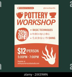 Modello di progettazione del volantino promozionale per workshop di ceramica arancione e bianca Illustrazione Vettoriale