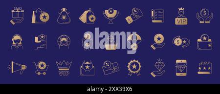 Icone esclusive della linea dei vantaggi. Set di icone dorate lineari del programma fedeltà con premio, incentivo, voucher, coupon di vendita, premio trofeo, confezione regalo e carta vip. Monete a stella in borsa o nel portafoglio. Punti bonus Illustrazione Vettoriale