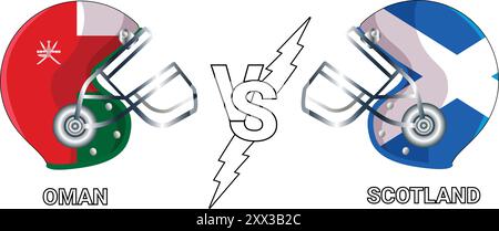 Bandiere vettoriali Oman vs Scotland 3D sull'elmetto da cricket per la partita Versus con sfondo trasparente Illustrazione Vettoriale