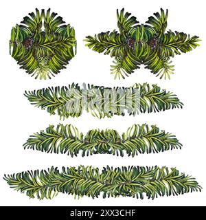 Rami di abete verde per ghirlande, bordi e cornici natalizie. Serie di illustrazioni botaniche ad acquerello di un albero di Natale isolato su un dorso bianco Foto Stock
