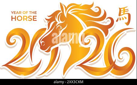 Golden Happy New Year 2026 tipografia con disegno a mano del cavallo. Traduzione : Cavallo Illustrazione Vettoriale
