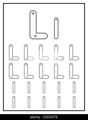 Fogli di lavoro di tracciamento alfabetico per bambini con lettere maiuscole e minuscole pagine di esercitazione lettera L. Illustrazione Vettoriale