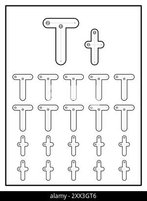 Fogli di lavoro di tracciamento alfabetico per bambini con lettere maiuscole e minuscole pagine di esercitazione lettera T. Illustrazione Vettoriale