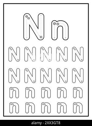 Fogli di lavoro di tracciamento alfabetico per bambini con lettere maiuscole e minuscole lettere lettere lettera di esercitazione N. Illustrazione Vettoriale
