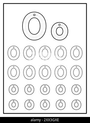 Fogli di lavoro di tracciamento alfabetico per bambini con lettere maiuscole e minuscole pagine di esercitazione lettera O. Illustrazione Vettoriale