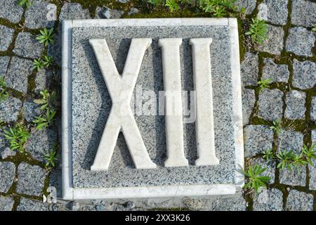 Materiali da costruzione, memoriali, iscrizioni bianche in grigio, granito marrone dei numeri romani uno, due, tre, quattro, cinque, sei, sette, otto, nove, dieci. Foto Stock