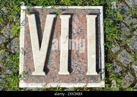 Materiali da costruzione, memoriali, iscrizioni bianche in grigio, granito marrone dei numeri romani uno, due, tre, quattro, cinque, sei, sette, otto, nove, dieci. Foto Stock