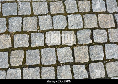 Costruzione, materiali e attrezzature per lavori di costruzione. Pietre bellissime, ciottoli grigi, pietre grigie disposte a terra, muratura Foto Stock