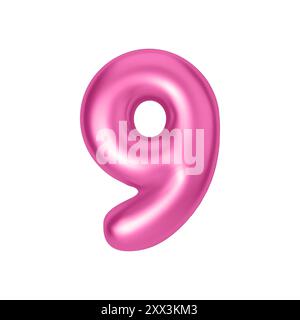 Rosa metallizzato numero 9. Palloncino numero nove in lamina e lattice in stile 3D. Elementi di progettazione realistici isolati su sfondo bianco. Illustrazione vettoriale Illustrazione Vettoriale