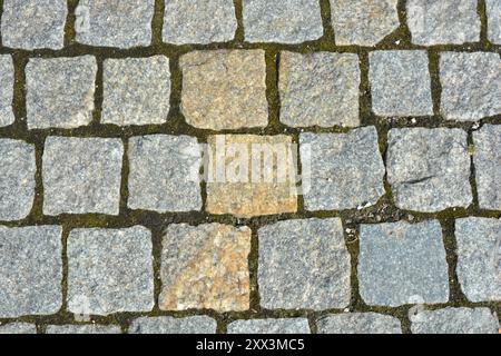 Costruzione, materiali e attrezzature per lavori di costruzione. Pietre bellissime, ciottoli grigi, pietre grigie disposte a terra, muratura Foto Stock