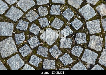 Costruzione, materiali e attrezzature per lavori di costruzione. Pietre bellissime, ciottoli grigi, pietre grigie disposte a terra, muratura Foto Stock