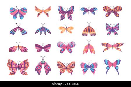 Carine farfalle. Ali colorate con farfalla di primavera decorativa. Monarca, falena e libellula. Splendido set vettoriale piatto di insetti floreali tropicali. Primavera Illustrazione Vettoriale