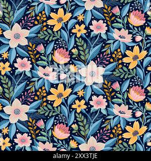 Motivo floreale senza cuciture a mezza goccia con fiori gialli, bianchi, rosa e foglie blu e verdi su blu scuro. Design di carta da parati per tessuti, tessuti, carte, stampe di moda, prodotti di bellezza, avvolgimenti. Illustrazione Vettoriale