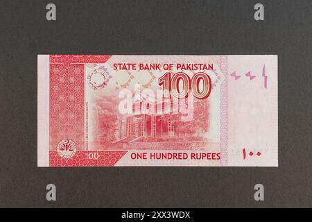 Pakistano 100 Rupee Red Color Banknote retro che mostra Ziarat Residency Foto Stock