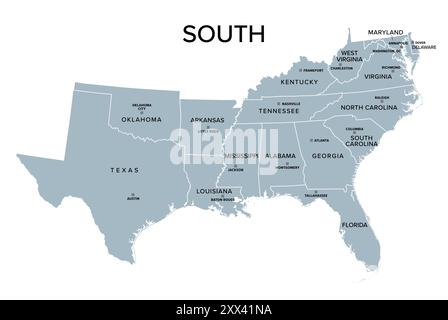 Sud, regione censuaria degli Stati Uniti d'America, mappa politica grigia della regione censuaria 3, costituita da 16 singoli stati e Distretto di Columbia. Foto Stock