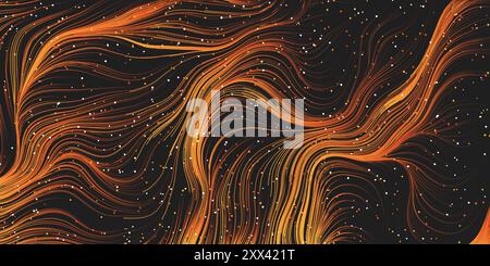 Linee ondulate e colorate, flusso di energia nello spazio oscuro e cielo stellato - tecnologia futuristica di stile moderno o Concept Ba Astrologia Illustrazione Vettoriale