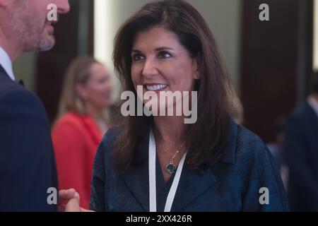 L'ex ambasciatore americano presso le Nazioni Unite Nikki Haley partecipa all'annuale Ketagalan Forum a Taipei il 21 agosto 2024. Foto Stock