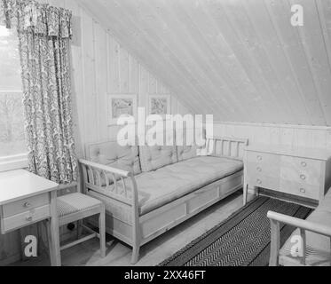 Attuale 2-1949: La casa Selvaag, successo o fallimento. La casa Selvaag di Holtet a Oslo è un esempio di come possa essere costruita in modo più economico e veloce rispetto a quanto era comune nel 1949, se si modificano solo i requisiti di qualità applicabili. La gente fa un pellegrinaggio a Holtet per guardare la casa semi-indipendente. -Nella camera dei bambini (10-11 mq) c'è spazio per due letti, una cassettiera, una scrivania, una scrivania e una libreria. Questa camera e la camera da letto ricevono calore da una stufa all'esterno nel corridoio. Quando le foto sono state scattate, tutte le primaverili sono dotate di mobili moderni e leggeri, che sono perfetti per Foto Stock