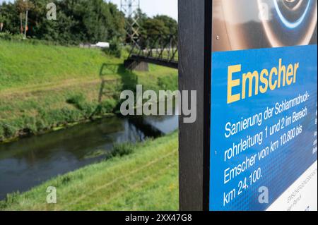 Blick auf die begradigte Emscher bei Oberhausen, ein Baustellenschild informiert ueber die Renaturierung, allgemein, feature, Randmotiv, Symbolfoto Oberhausen 22.08.2024. *** Vista dell'Emscher raddrizzato vicino a Oberhausen, un cartello del cantiere informa sulla rinaturazione, generale, caratteristica, motivo marginale, foto simbolica Oberhausen 22 08 2024 Foto Stock