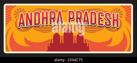 Andhra Pradesh Indian State, piatto da viaggio retrò in India, cartello di stagno vettoriale della regione con l'antica sagoma del tempio. Targa metallica o cartello di benvenuto con simbolo e emblema della regione Illustrazione Vettoriale
