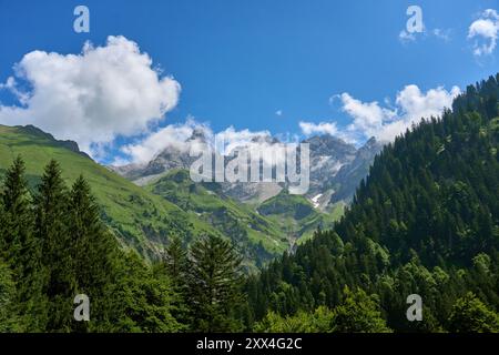 Vista spettacolare sulle alte Alpi Allgaeu con Trettach Spitze e Maedelegabel nella valle Rappenalpen a sud di Oberstdorf, Baviera, Germania Foto Stock