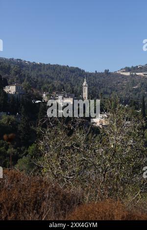 Chiesa di San Giovanni Battista o San Giovanni nelle montagne sotto il cielo blu costruita dove nacque Giovanni Battista, Ein Karem a Gerusalemme, Giudea. Foto Stock