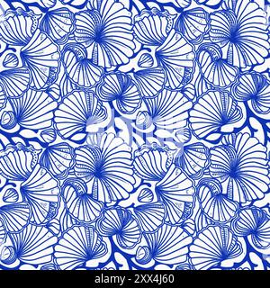 Motivo a conchiglia blu azzurro bianco con sfondo batik senza cuciture in lino, moderno cottage costiero sulla spiaggia rustico stampa a conchiglia design a motivi per la casa Foto Stock