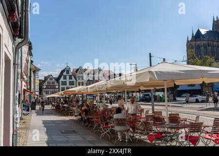 Ristoranti con posti a sedere all'aperto intorno a Domplatz e Domstrasse nella città vecchia di Erfurt (Erfurt Altstadt), Turingia, Germania, Europa Foto Stock